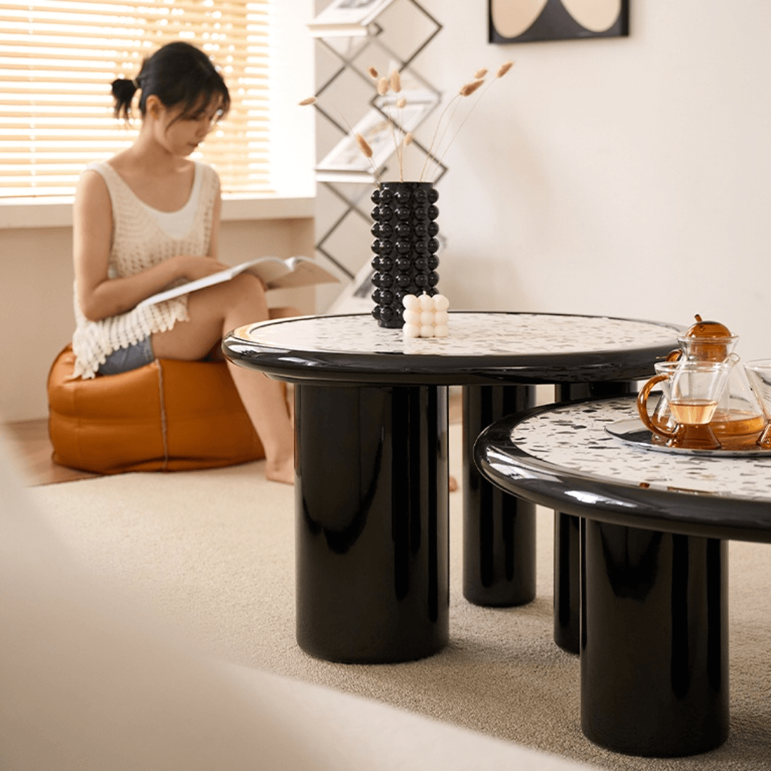 Round terrazzo coffee table with elegant design, perfect for adding sophistication to your living room