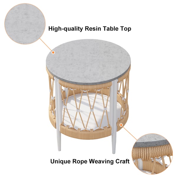 Outdoor 3-piece swivel sofa set with aluminum frame, weave rope, and side table in khaki