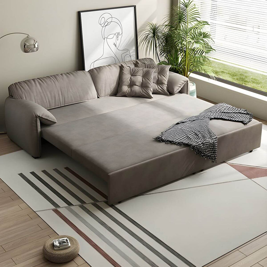 Gray Scandinavian sofa bed with fabric upholstery and coir faux leather sleeper, 69 inches long