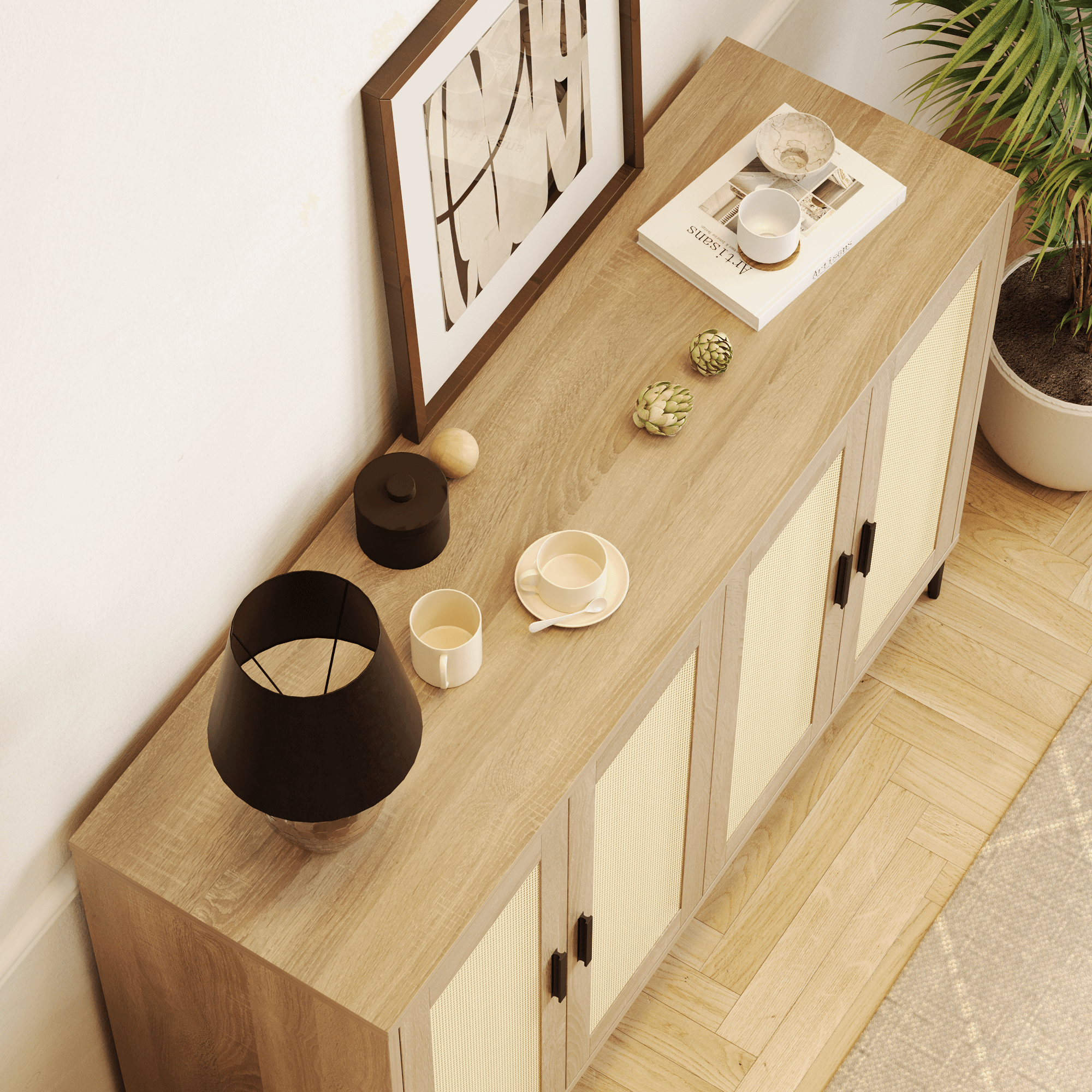 Sideboard cabinet with rattan decoration and four doors, measuring 48.42 inches wide