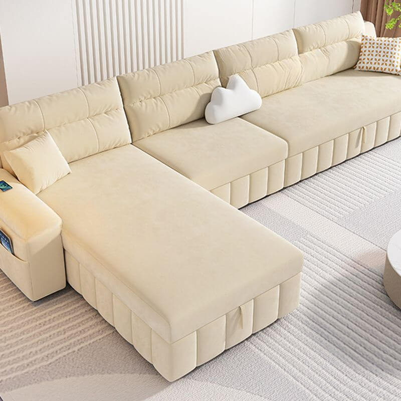 Beige Twill Sofa Recliner with USB Port, Under-seat Storage, Left Orientation, and L-Shape Design, 122"L x 63"W x 33"H