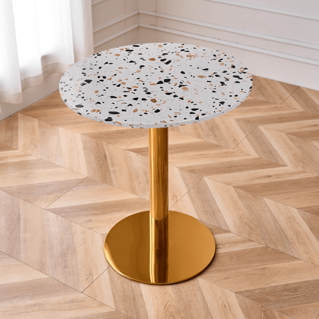 Modern marble table with sturdy metal base, perfect for adding a timeless aesthetic to any space