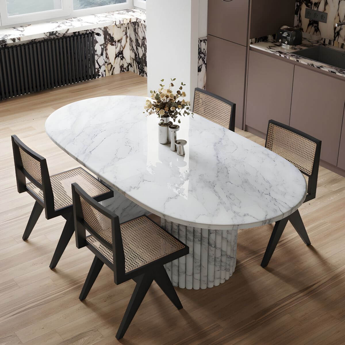 Modern oval marble dining table with white double pedestal base for stylish dining rooms
