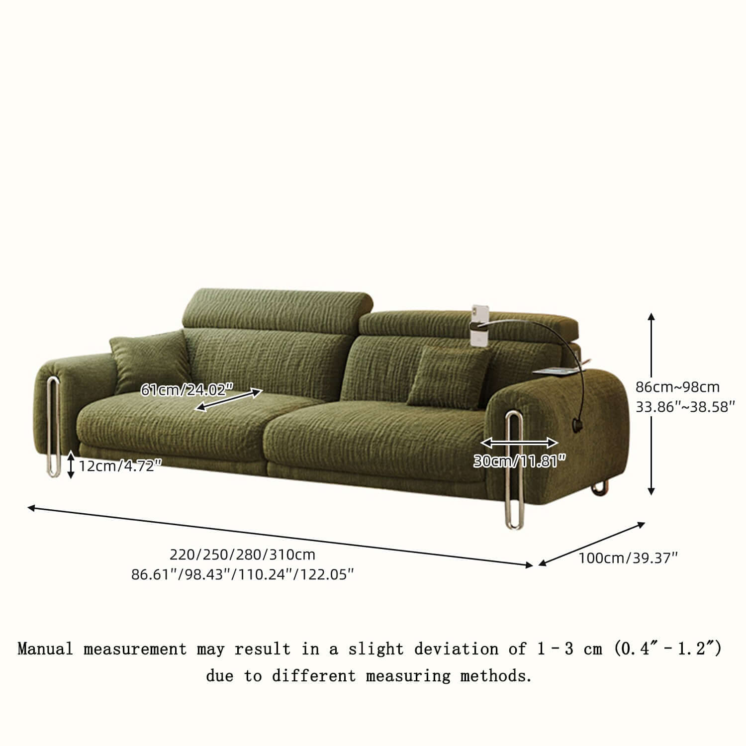 Green chenille big comfy couch with adjustable headrest and water-resistant fabric