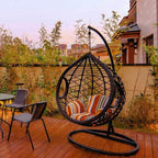 Metal upholstered porch swing egg chair with stand and chain, seating for two in cocoa and cream colors