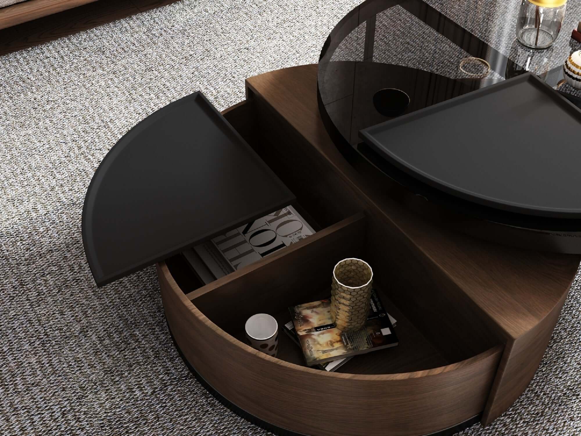 Round black and walnut coffee table set with 360-degree rotation and storage space