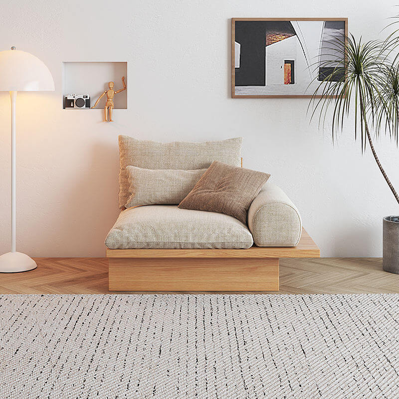 Beige cotton linen sofa with wooden frame and storage space underneath