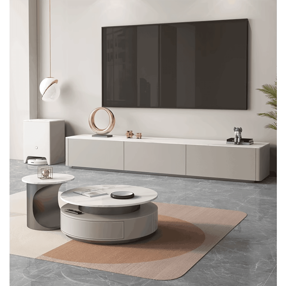 Modern high-low round coffee table set with luxury slate top and storage drawers