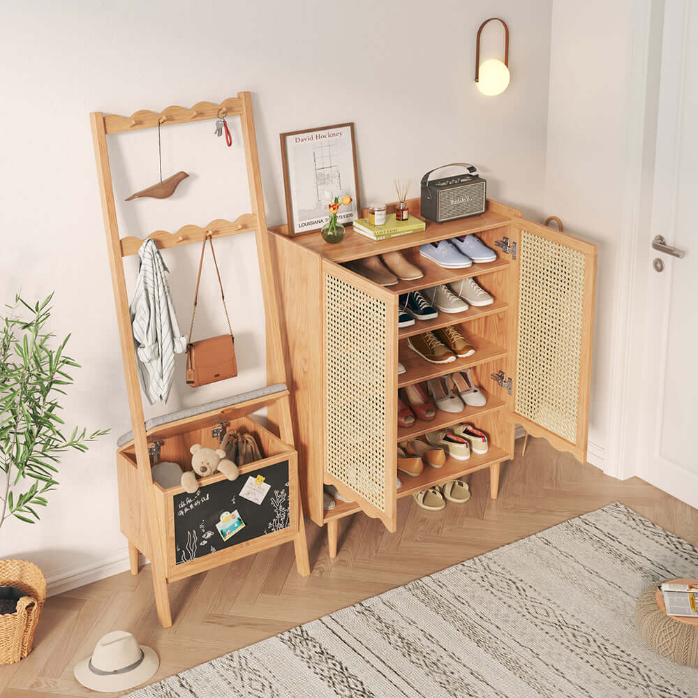 Wooden shoe cabinet featuring woven rattan doors for stylish and practical storage
