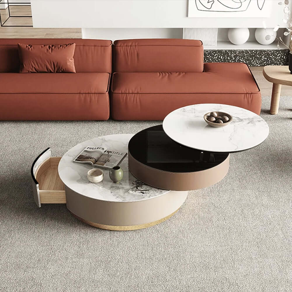 Nested round storage coffee table set with lift top and stacked design