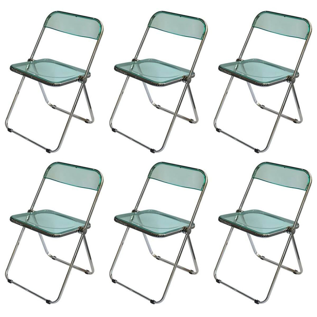 Contemporary acrylic folding armless chair with open back, ideal for dining rooms