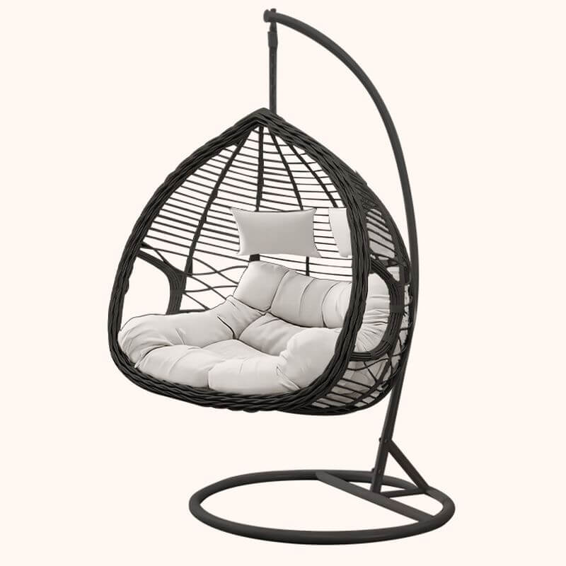 Metal upholstered porch swing egg chair with stand and chain, seating for two in cocoa and cream colors