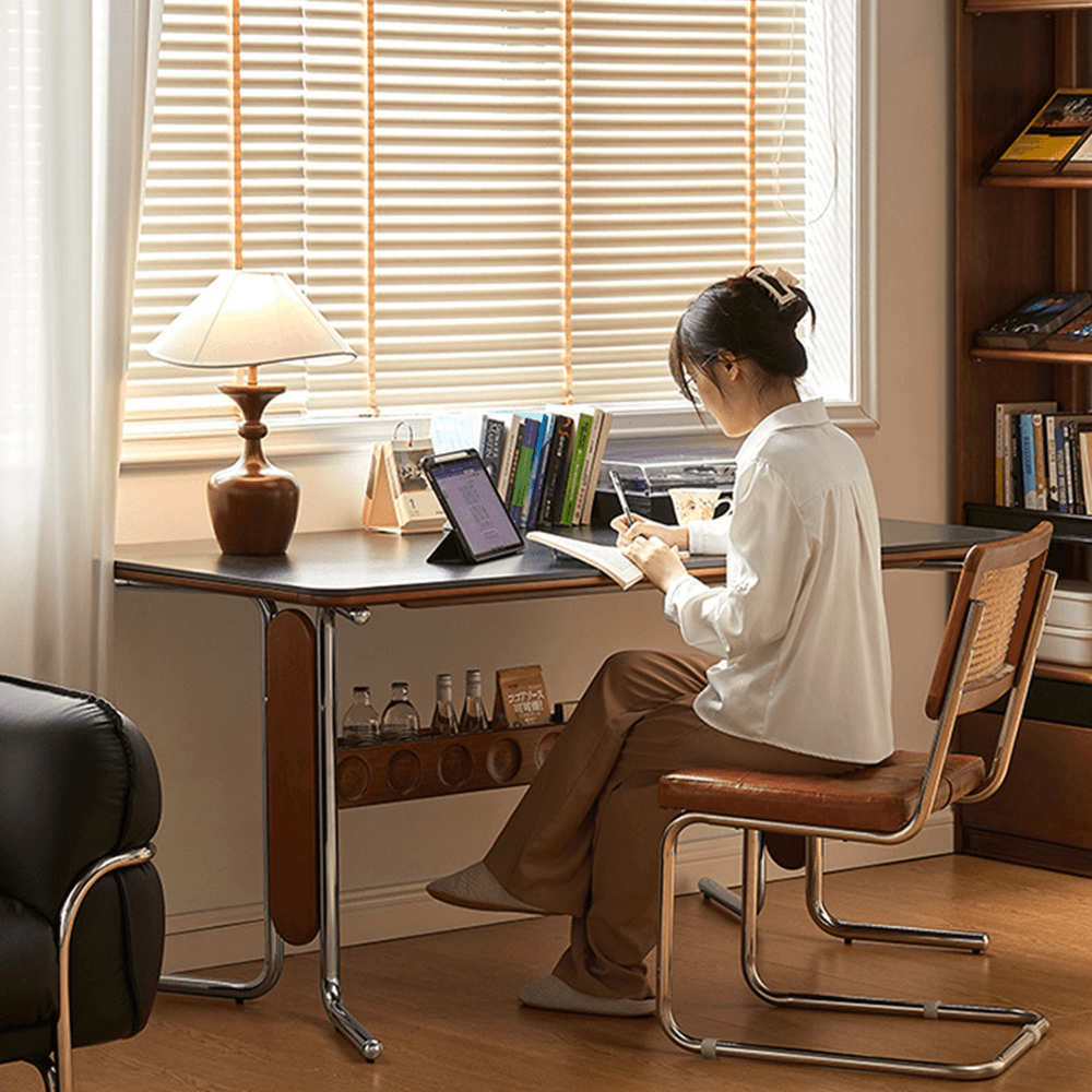 Square vintage dining and desk combo table with slate top, storage, and stainless steel legs