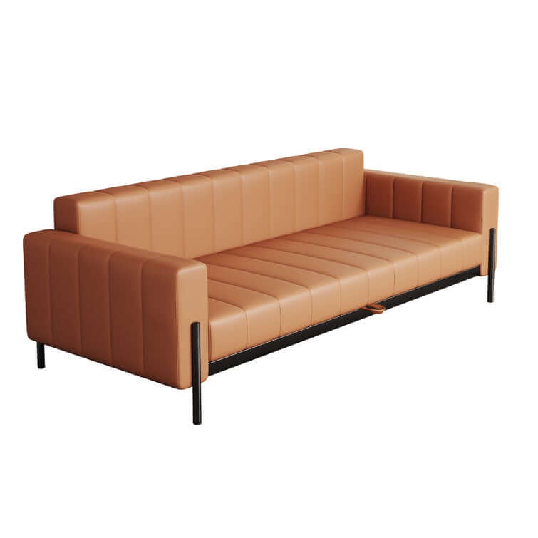 Brown leather loveseat sofa bed with modern square arm design, 86.6 inches wide