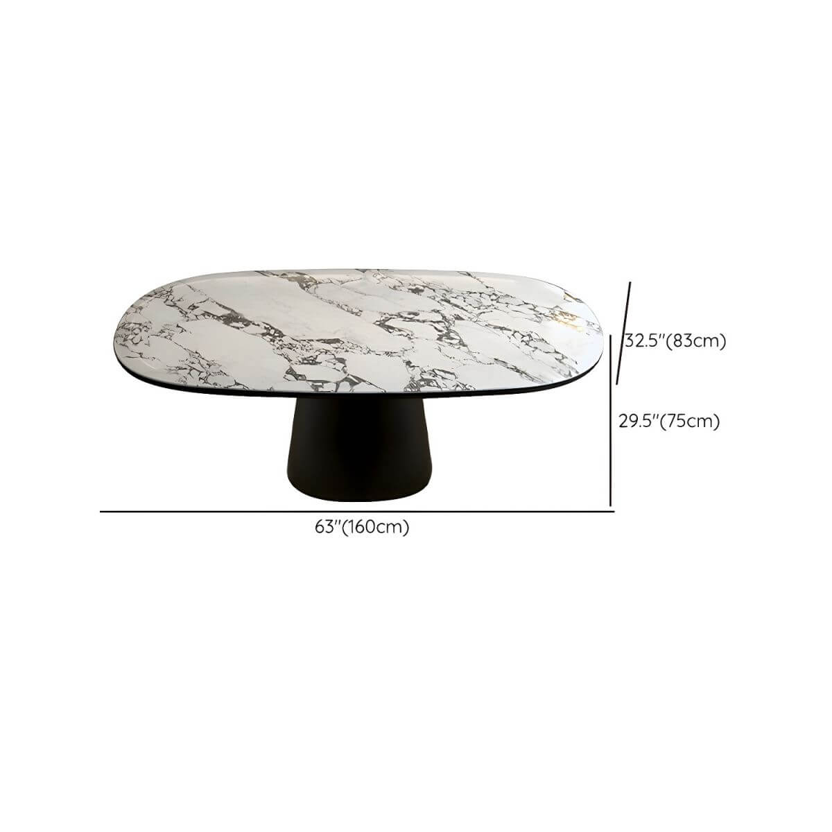 Oval black and white marble kitchen dining table with wooden base