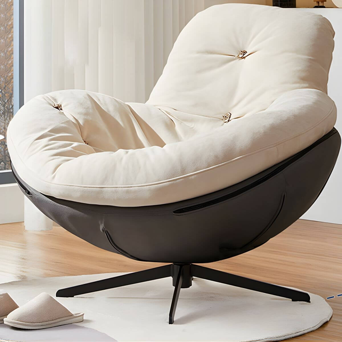 Button-tufted upholstered wooden rocking accent chair with black legs