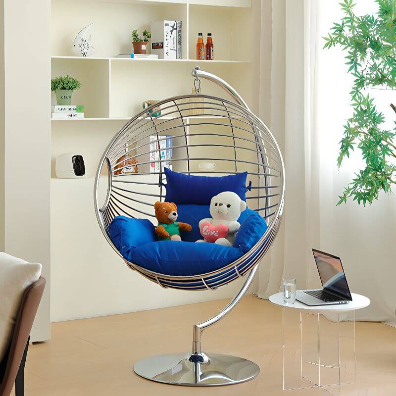 Silver and Aurous stainless alloy porch swing with stand, cushions, and chain for outdoor comfort