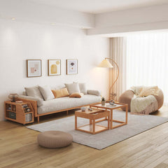 Canapé moderne beige 3 places en tissu de lin rembourré avec cadre en bois massif pour le salon