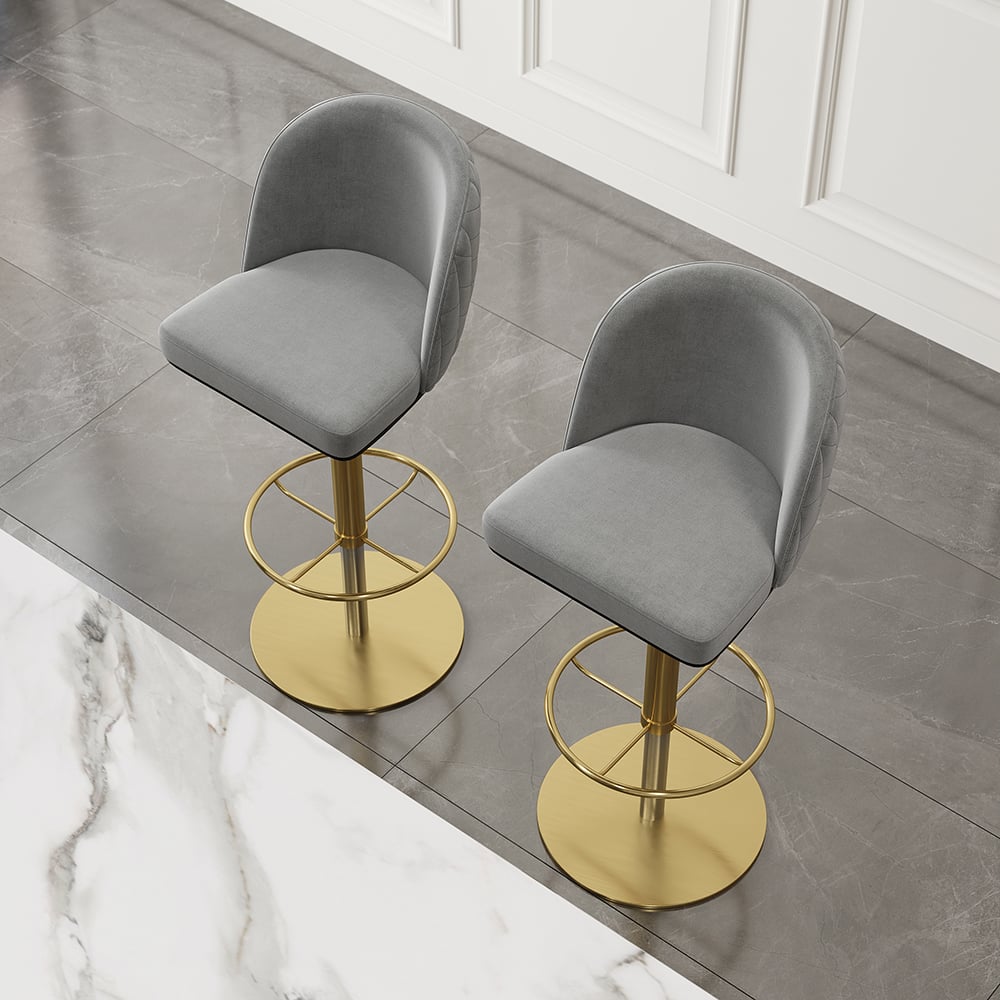 Gray velvet swivel bar stool with curved back and adjustable height, perfect for kitchen or bar seating