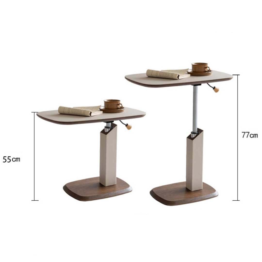 Movable end table in classic beige saddle leather, perfect for cozy living spaces