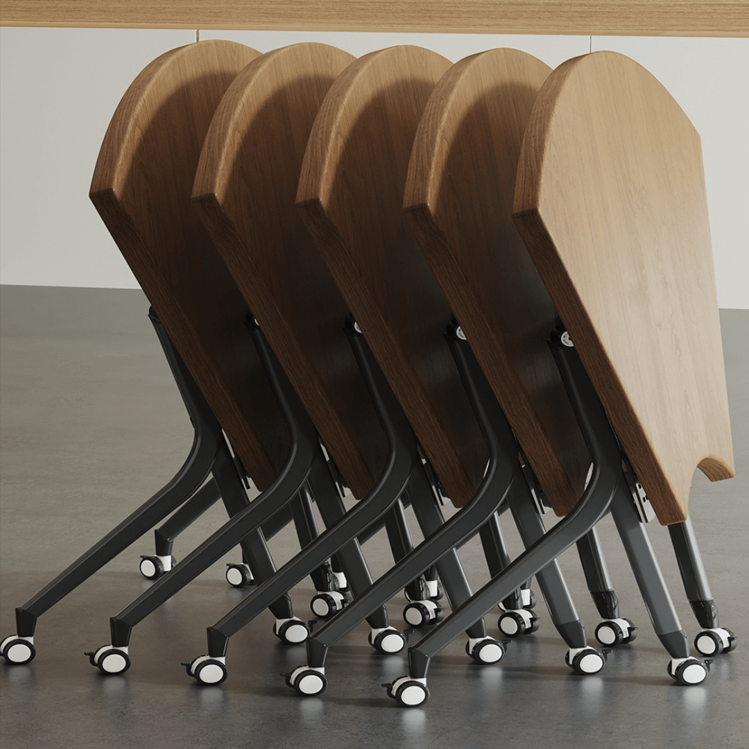 Foldable conference table with modern curve design and comfortable mesh chairs for meetings