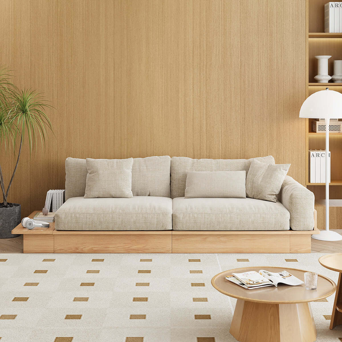 Modern pull-out floor sofa bed with reversible armrests and lift-top storage for space-saving comfort