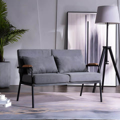 Mid Century Modern Sofa with Black Metal Frame and Solid Wood Arms for 2 People Sofa