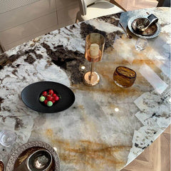 Modern Anti-stain Scratch-tolerant White Mirror Finish Elliptical Marble Effect Dining Table for 8-person Seat/6-person Seat Marble Kitchen & Dining Tables