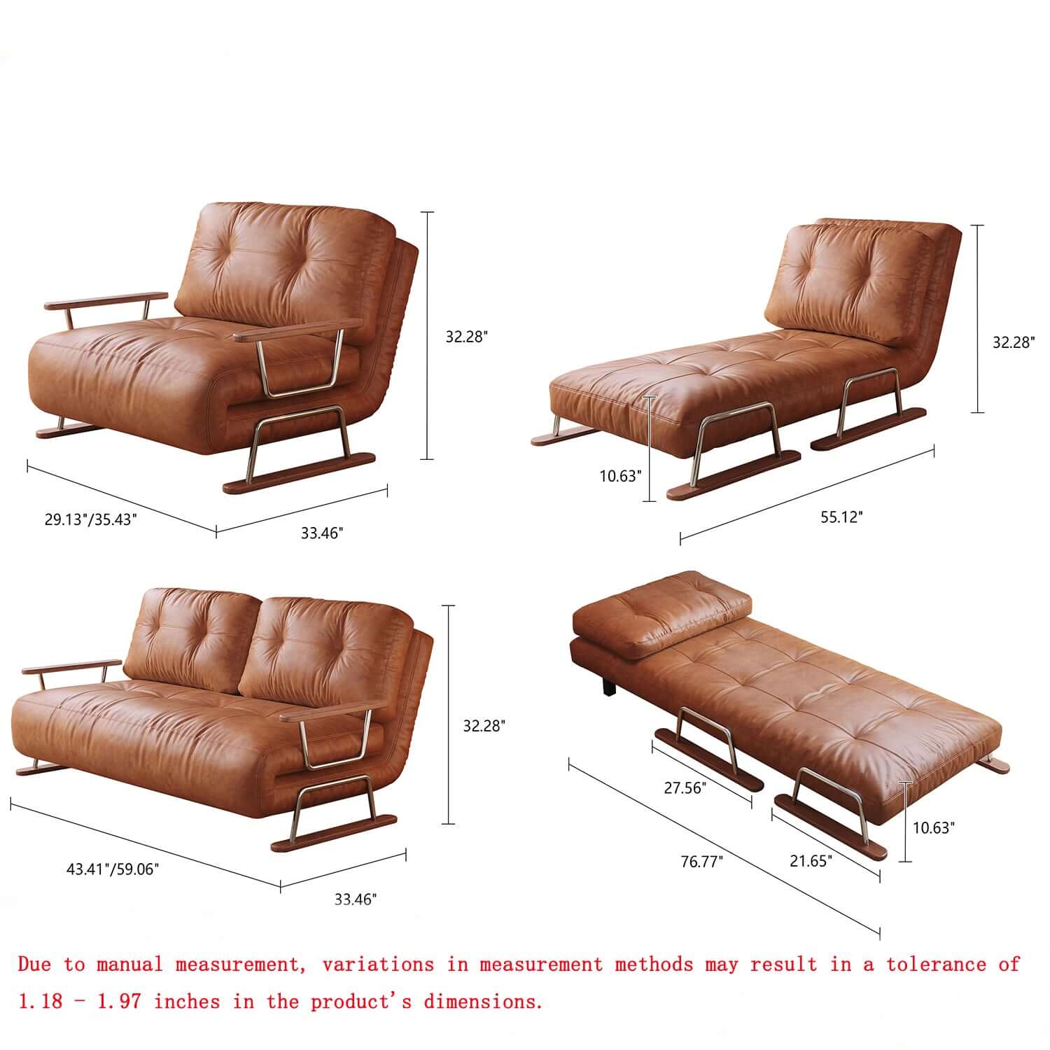 Cocochairs Foldable Sofa Bed in Caramel Eco-Leather – 4-in-1 Convertible Chair, Chaise & Bed