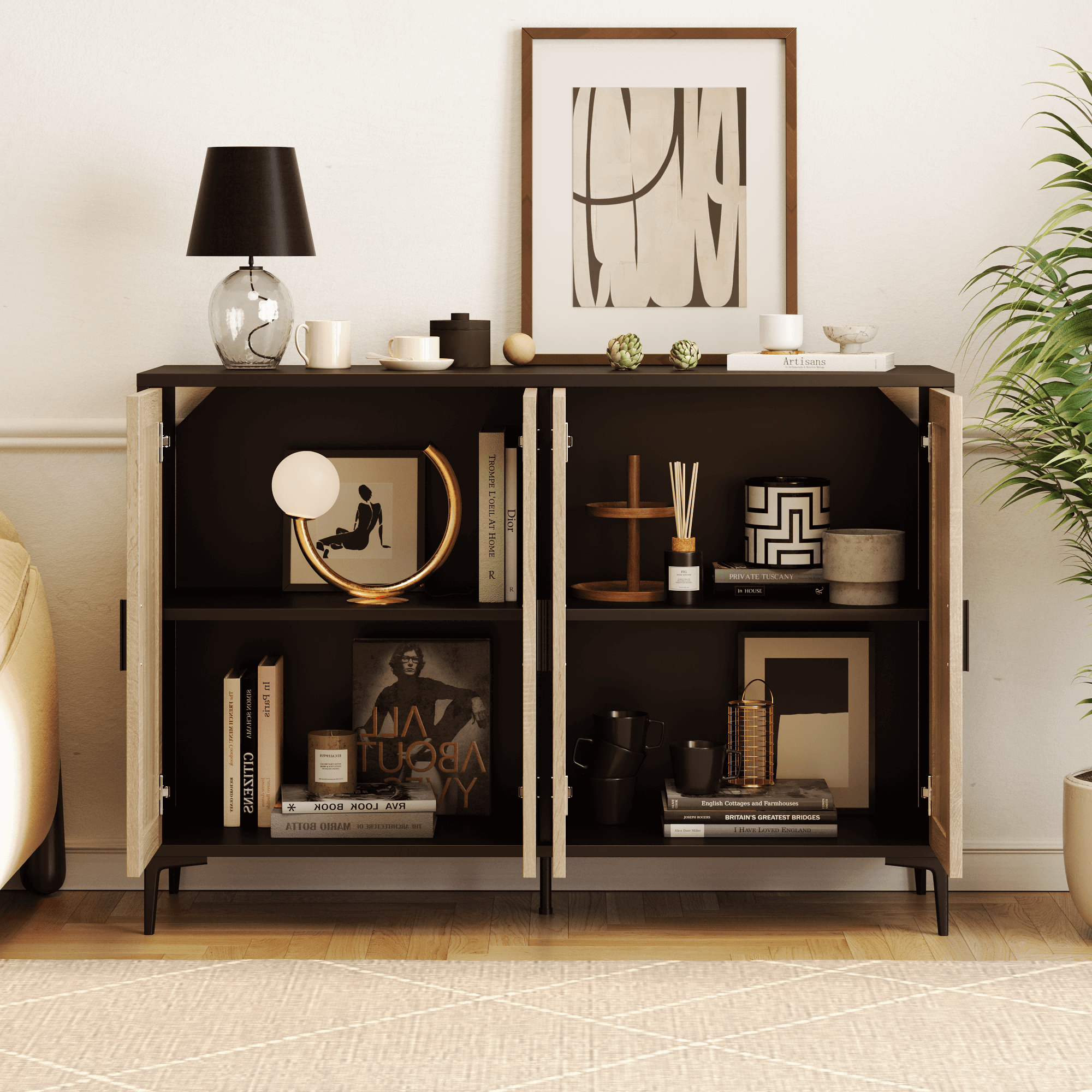 Sideboard cabinet with rattan decoration and four doors, measuring 48.42 inches wide