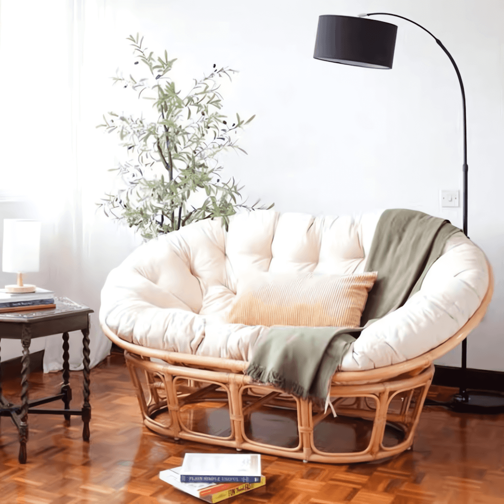 Cozy natural rattan papasan chair available in single or double size for comfortable lounging