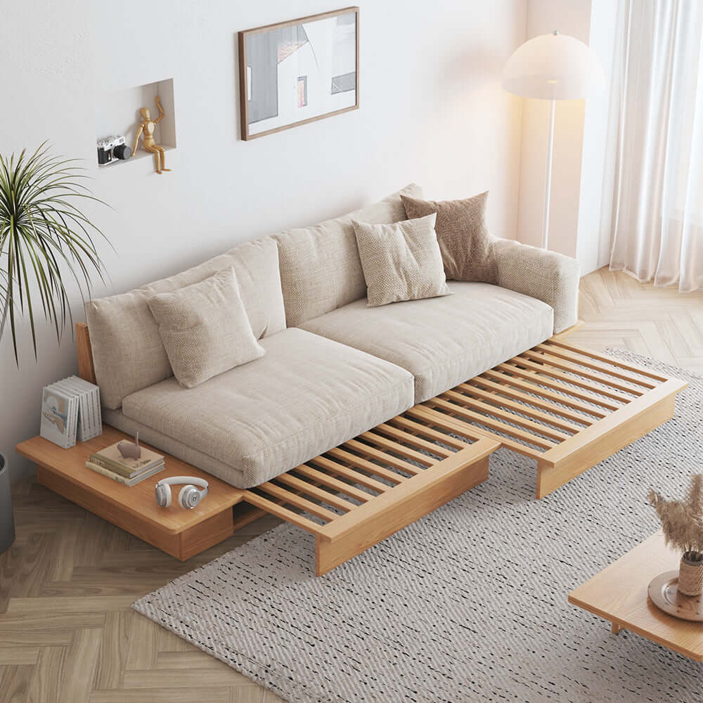 Beige folding sofa bed with solid wood frame and upholstered cotton linen cushions
