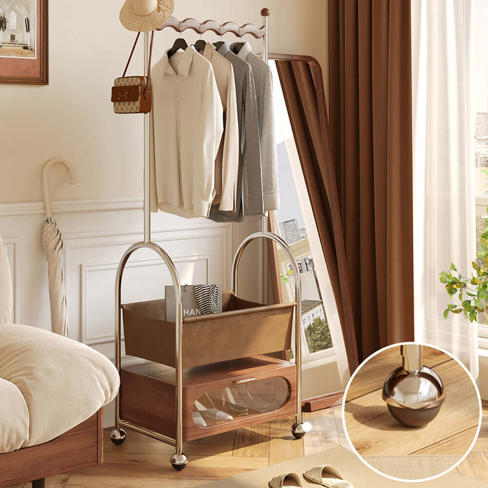 Mobile freestanding clothes rack with bottom storage for organizing garments efficiently