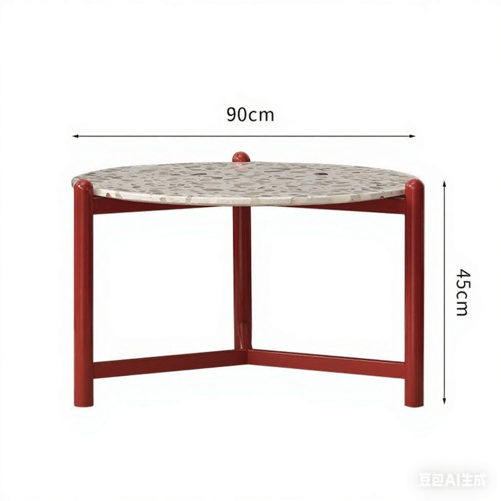 Round side table with vibrant red terrazzo top, featuring a modern minimalist design