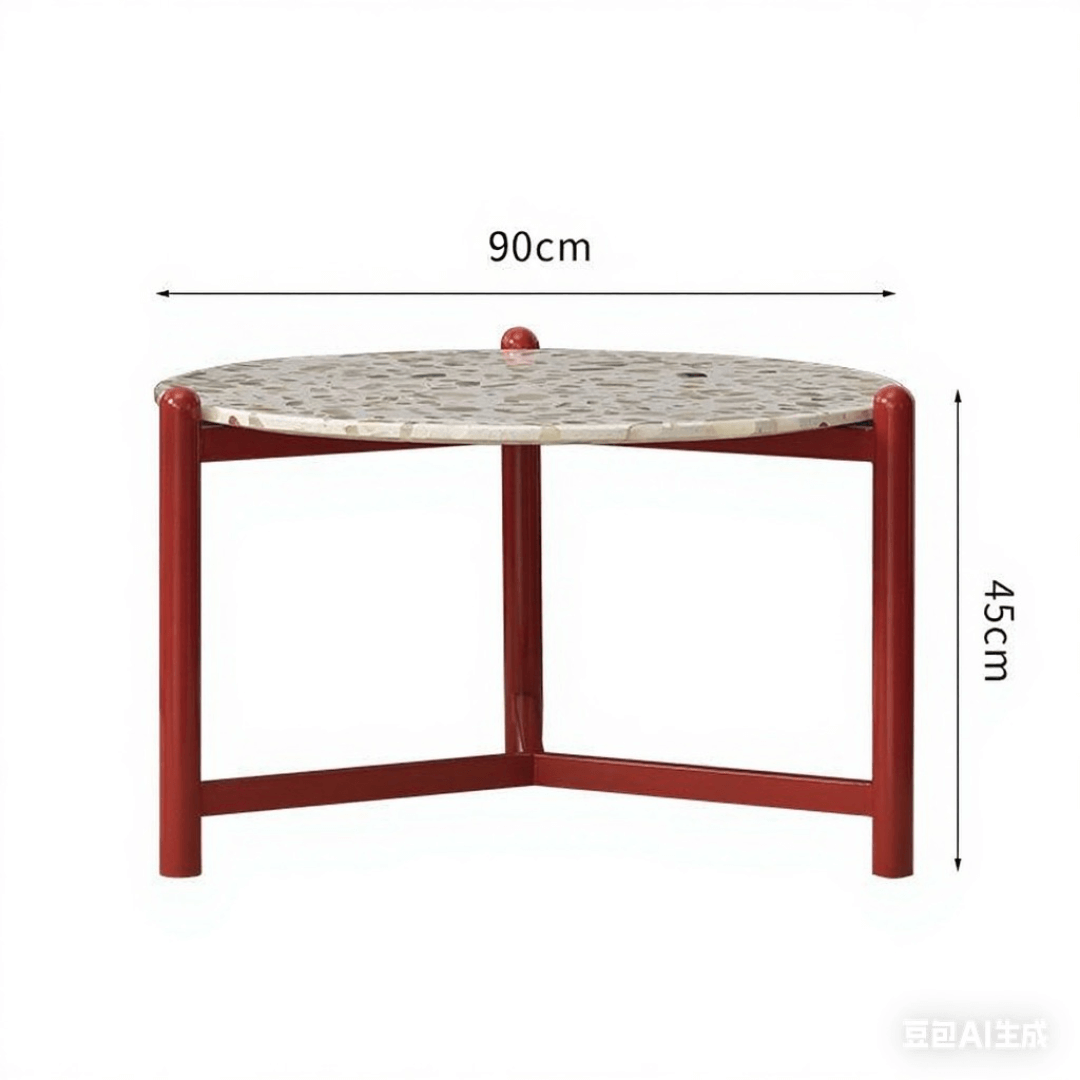 Round side table with vibrant red terrazzo top, featuring a modern minimalist design