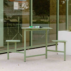 Outdoor picnic table with aluminum frame and colorful white, light green, and orange top