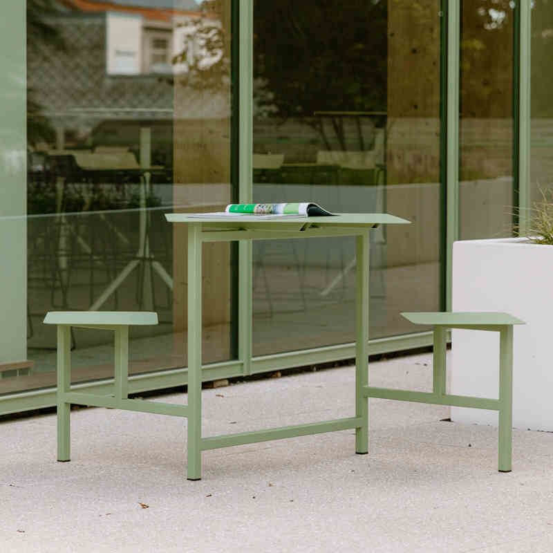 Outdoor picnic table with aluminum frame and colorful white, light green, and orange top