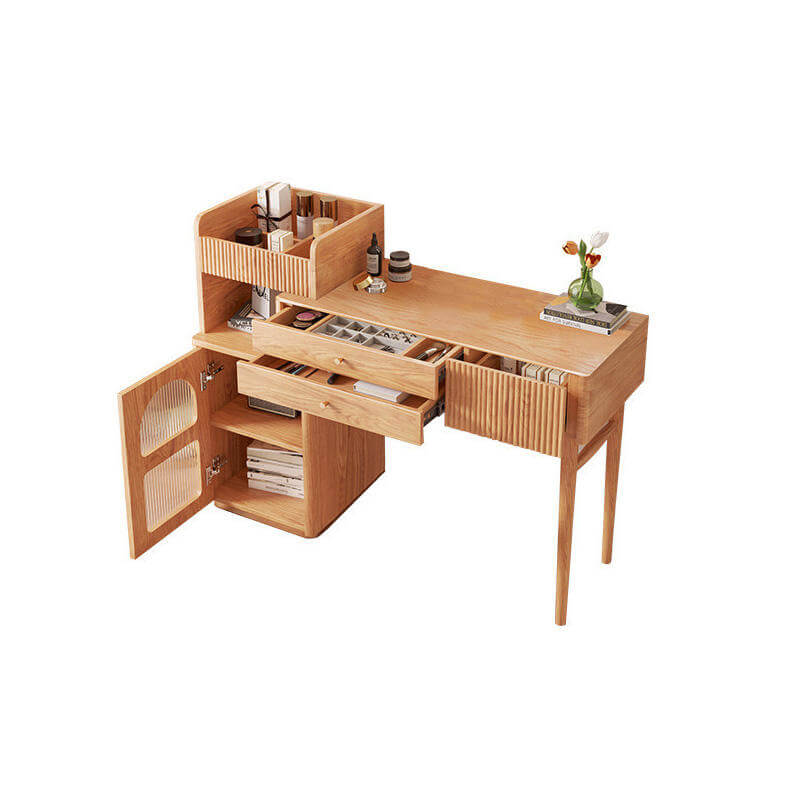 Wooden makeup dressing table featuring open storage, drawers, and a cabinet for organization