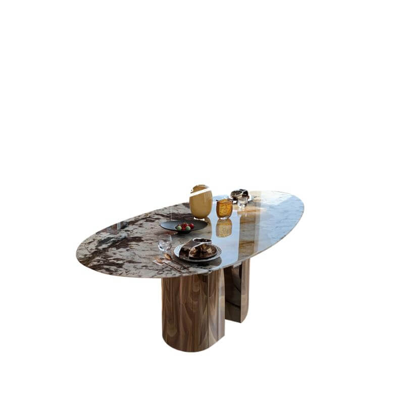 Elliptical white marble effect dining table with anti-stain and scratch-tolerant finish, seats 6 to 8