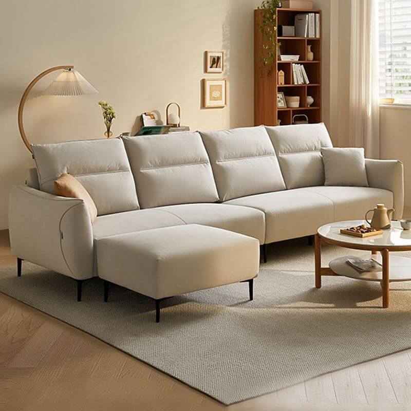 Straight sofa recliner with left-hand facing and round arms, made of polyester blend fabric main product image Image principale du produit