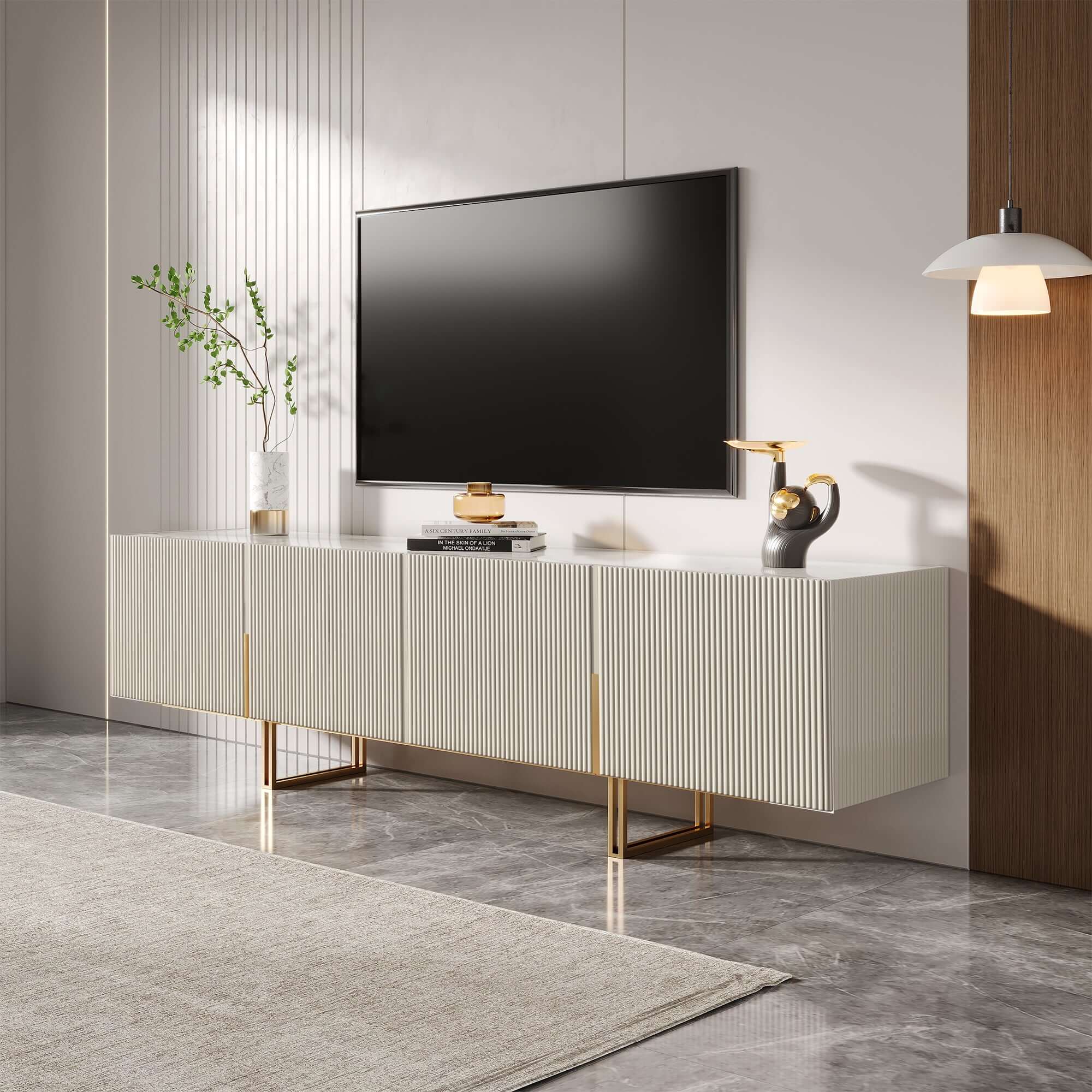 86.6-inch media console TV stand with faux marble top and storage, fits TVs up to 88 inches