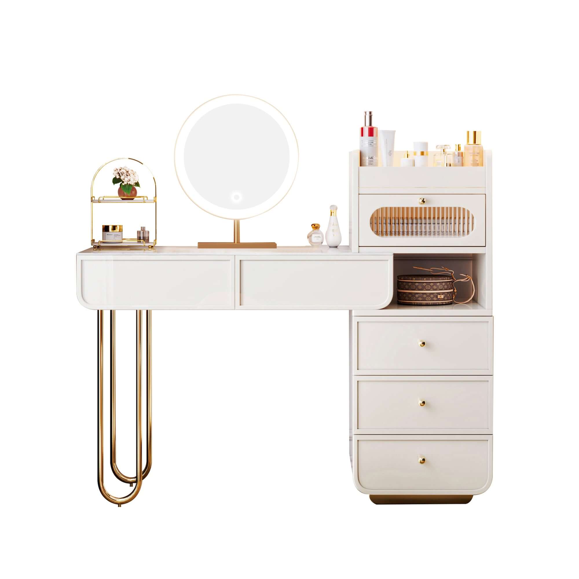 White makeup vanity with jewelry storage and multiple drawers for elegant organization