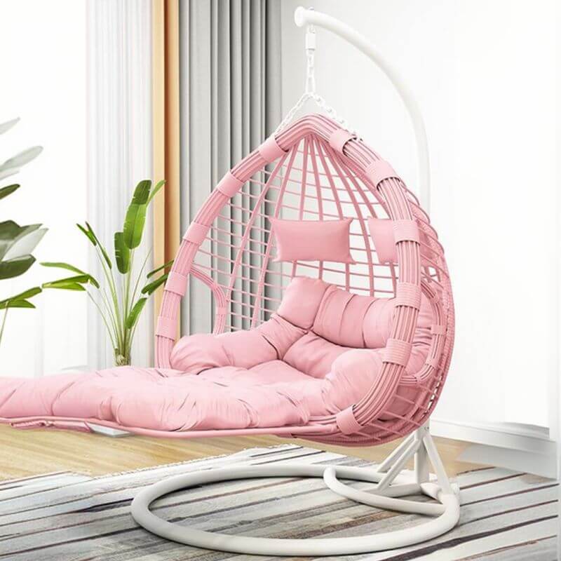 Two-seater metal porch swing egg chair with stand, cushions, and chain included