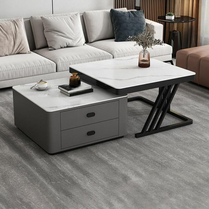 Modern square steel frame nesting coffee tables set with two pieces, including a small table