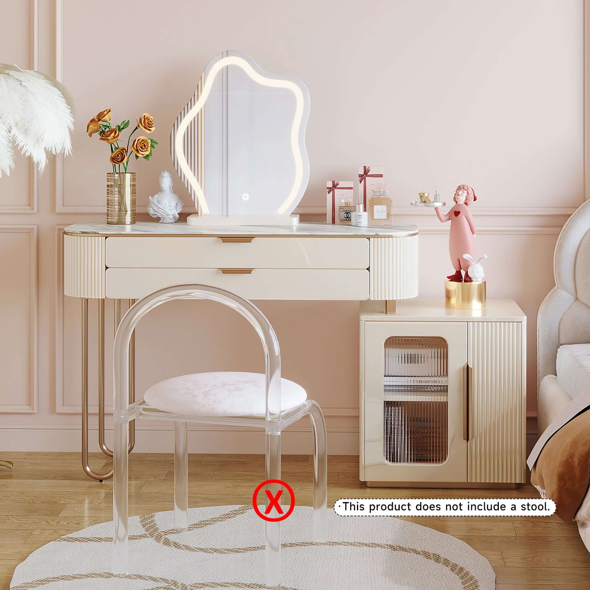 White modern makeup vanity table with LED lighted mirror and storage cabinet