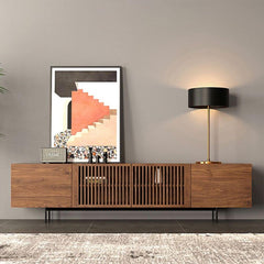 Minimalist TV Stand Slatted Media Console with 4 Doors Storage