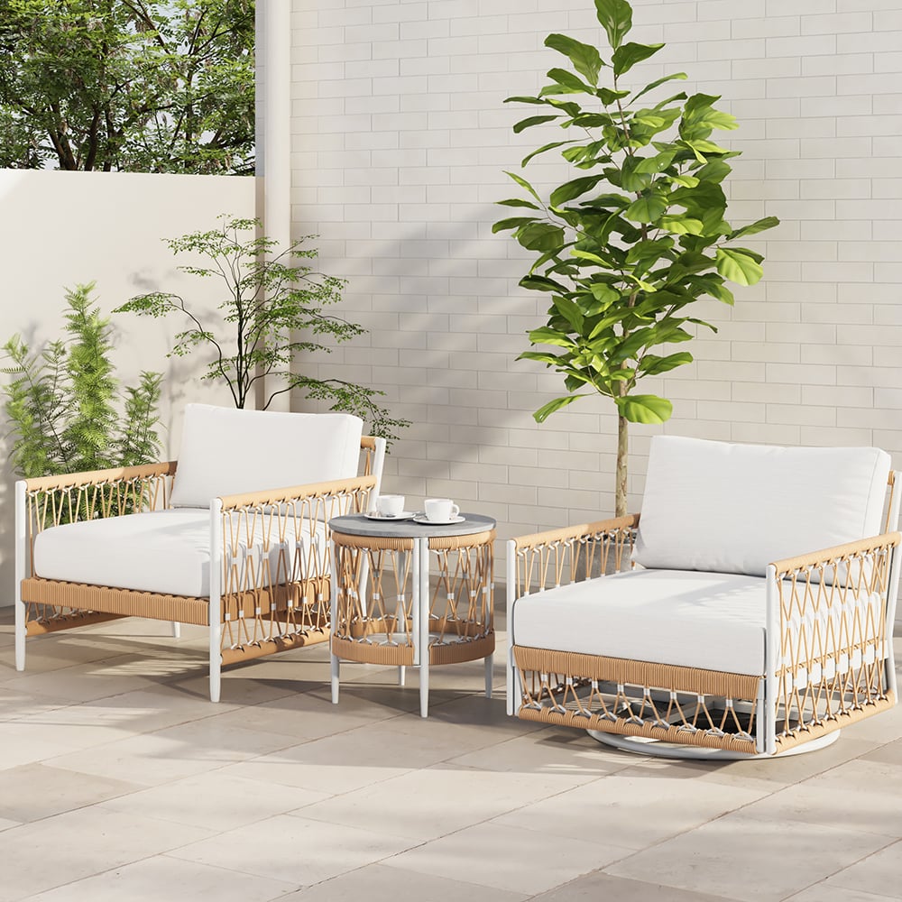 Outdoor 3-piece swivel sofa set with aluminum frame, weave rope, and side table in khaki
