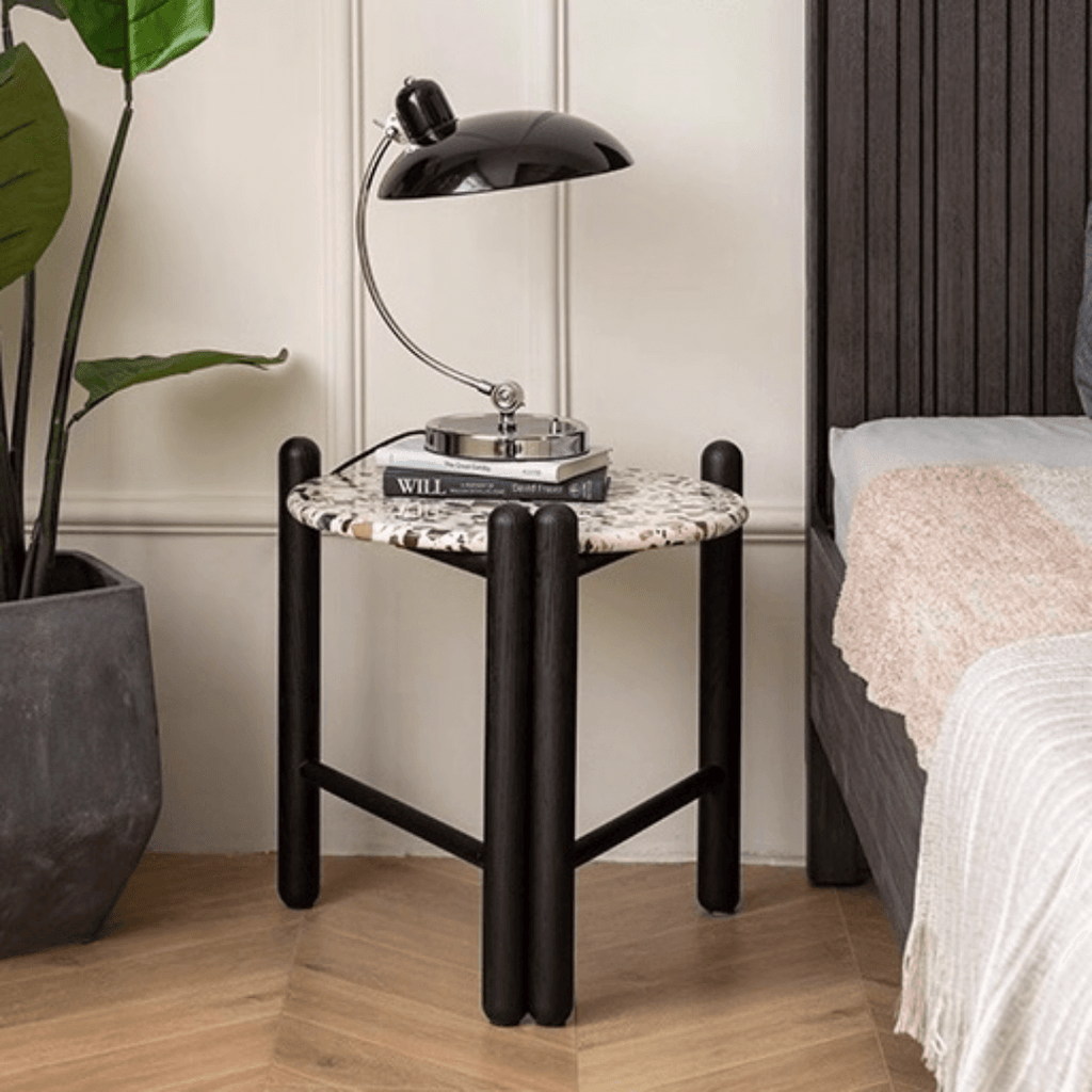 Contemporary terrazzo side table with unique patterns and easy maintenance