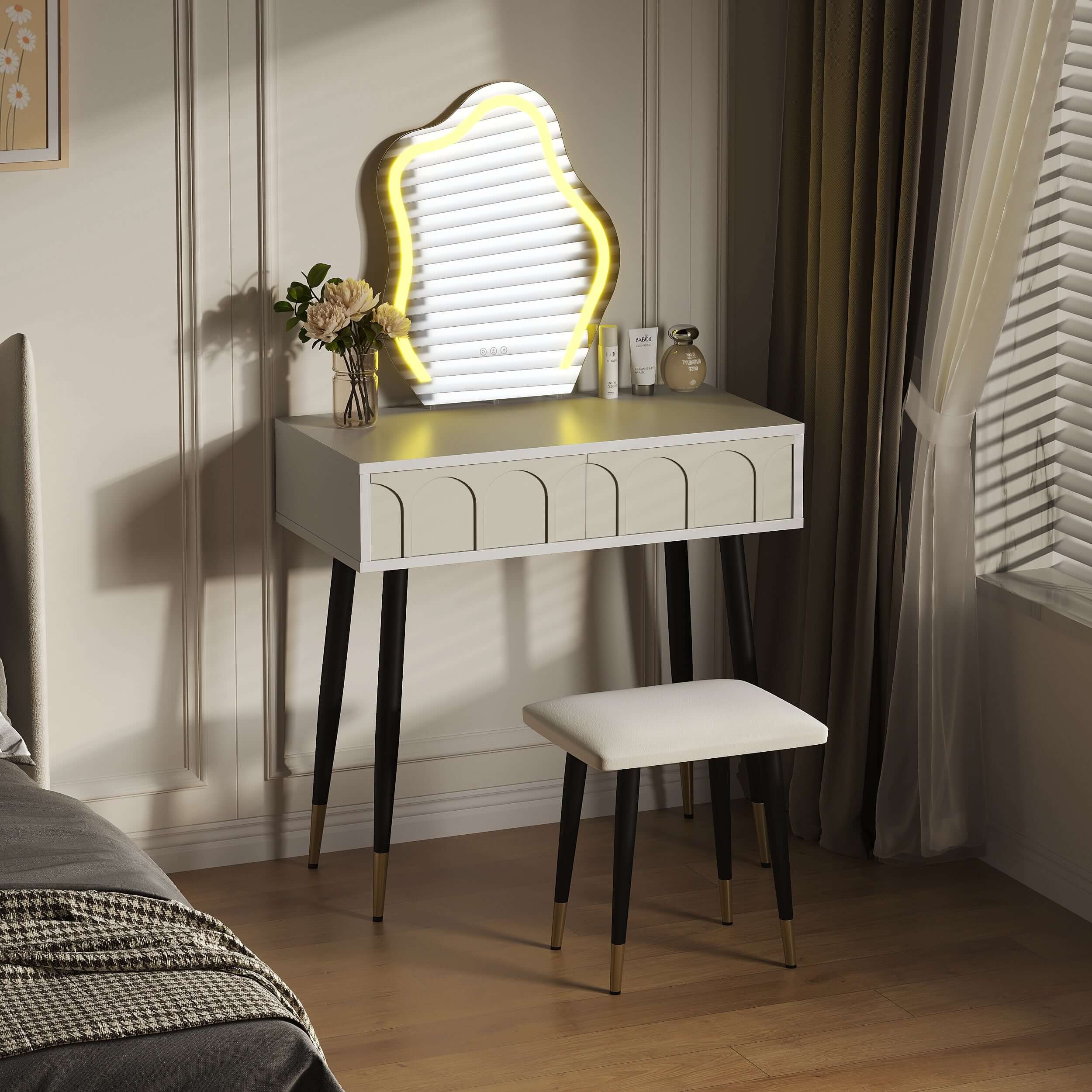 White and black 31.5-inch two drawer dresser with mirror and matching chair