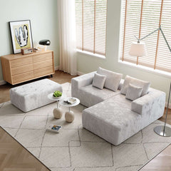 L-shape Beige Color Corduroy Sofa with Ottoman